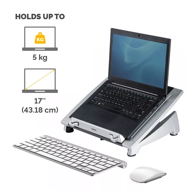 Soporte para portátil de escritorio Fellowes – Soporte para portátil ajustable Office Suites Plus para casa y oficina – Elevador de portátil con 5 ajustes de altura – Tamaño máx. de pantalla 17 inch, peso máx. 5 kg – Negro/plata