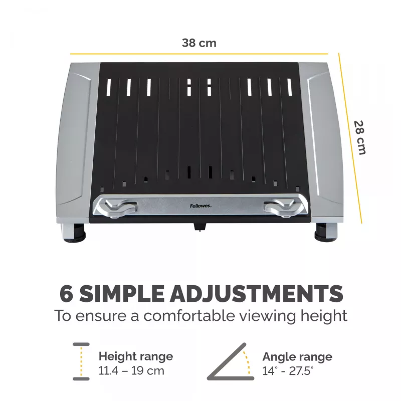 Soporte para portátil de escritorio Fellowes – Soporte para portátil ajustable Office Suites Plus para casa y oficina – Elevador de portátil con 5 ajustes de altura – Tamaño máx. de pantalla 17 inch, peso máx. 5 kg – Negro/plata