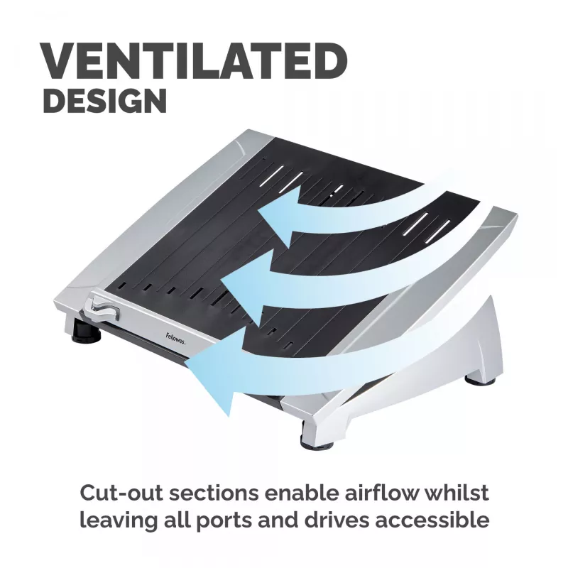 Soporte para portátil de escritorio Fellowes – Soporte para portátil ajustable Office Suites Plus para casa y oficina – Elevador de portátil con 5 ajustes de altura – Tamaño máx. de pantalla 17 inch, peso máx. 5 kg – Negro/plata