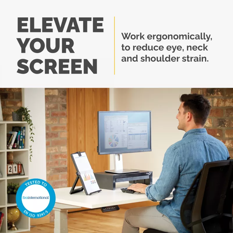 Soporte para monitor de ordenador Fellowes con 3 alturas ajustables - Elevador de monitor Designer Suites con bandeja de almacenamiento - Soporte para monitor ergonómico ajustable para ordenador - Peso máx. 18 kg / Tamaño máx. 21 inch - Negro/blanco perla
