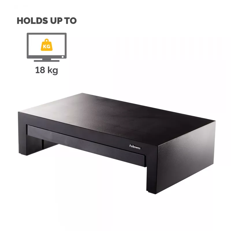 Soporte para monitor de ordenador Fellowes con 3 alturas ajustables - Elevador de monitor Designer Suites con bandeja de almacenamiento - Soporte para monitor ergonómico ajustable para ordenador - Peso máx. 18 kg / Tamaño máx. 21 inch - Negro/blanco perla
