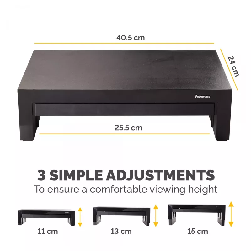 Soporte para monitor de ordenador Fellowes con 3 alturas ajustables - Elevador de monitor Designer Suites con bandeja de almacenamiento - Soporte para monitor ergonómico ajustable para ordenador - Peso máx. 18 kg / Tamaño máx. 21 inch - Negro/blanco perla