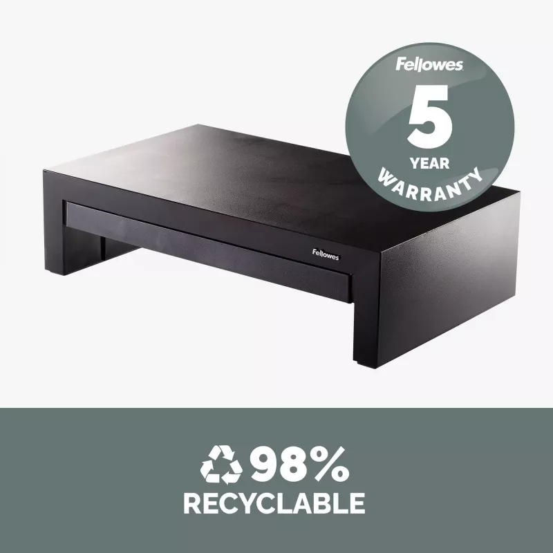 Soporte para monitor de ordenador Fellowes con 3 alturas ajustables - Elevador de monitor Designer Suites con bandeja de almacenamiento - Soporte para monitor ergonómico ajustable para ordenador - Peso máx. 18 kg / Tamaño máx. 21 inch - Negro/blanco perla