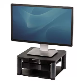 Soporte para monitor de ordenador Fellowes con 3 alturas ajustables – Premium Monitor Riser Plus con gestión de cables – Soporte para monitor ergonómico ajustable para ordenador – Peso máx. 36 kg / Tamaño máx. 21