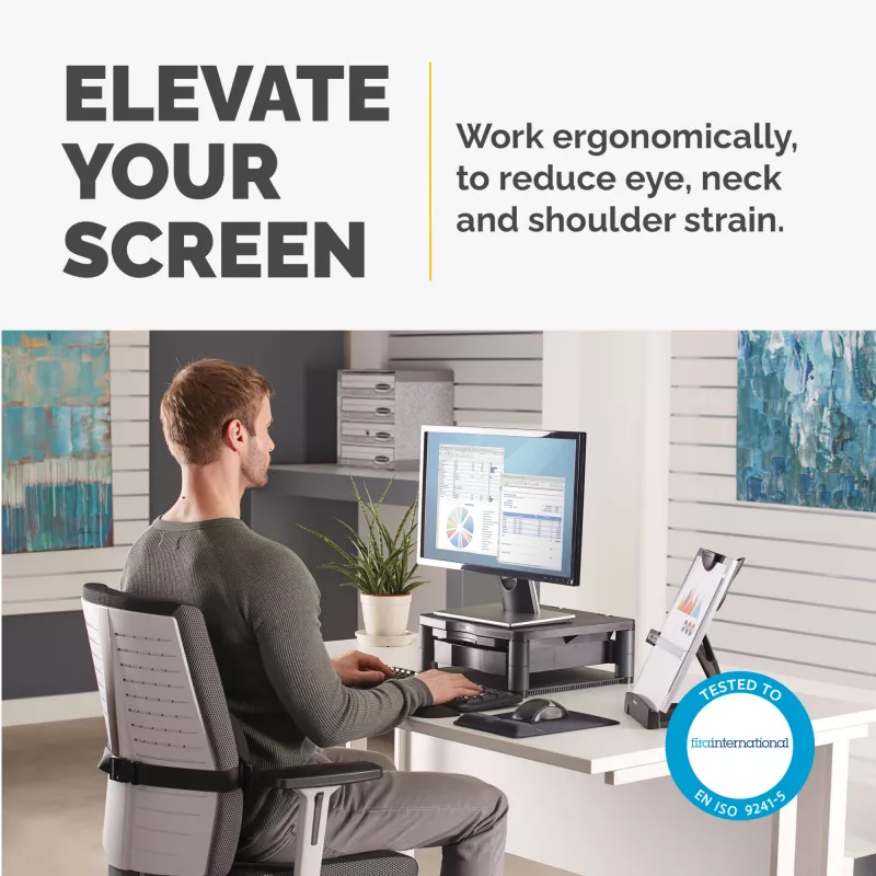 Soporte para monitor de ordenador Fellowes con 3 alturas ajustables – Premium Monitor Riser Plus con gestión de cables – Soporte para monitor ergonómico ajustable para ordenador – Peso máx. 36 kg / Tamaño máx. 21 inch – Grafito