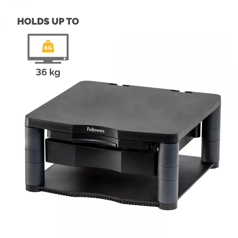 Soporte para monitor de ordenador Fellowes con 3 alturas ajustables – Premium Monitor Riser Plus con gestión de cables – Soporte para monitor ergonómico ajustable para ordenador – Peso máx. 36 kg / Tamaño máx. 21 inch – Grafito