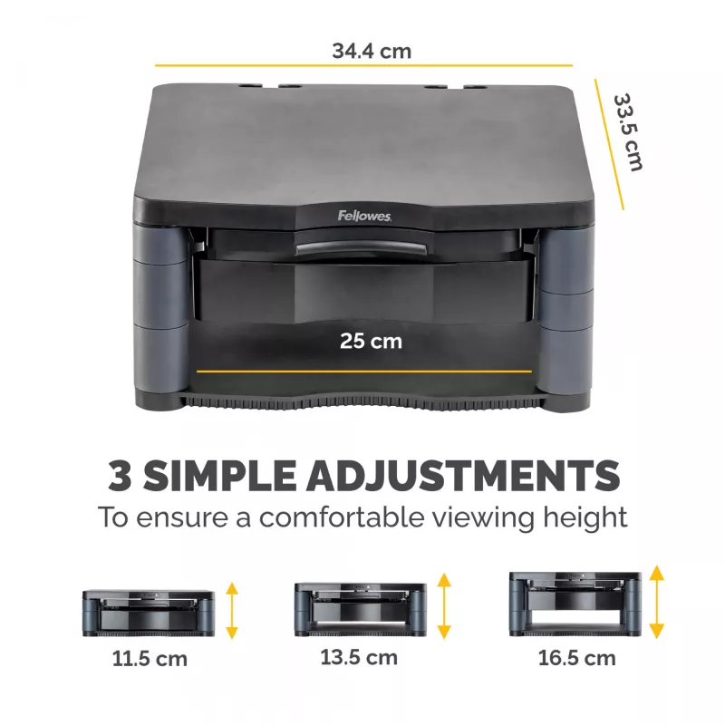 Soporte para monitor de ordenador Fellowes con 3 alturas ajustables – Premium Monitor Riser Plus con gestión de cables – Soporte para monitor ergonómico ajustable para ordenador – Peso máx. 36 kg / Tamaño máx. 21 inch – Grafito