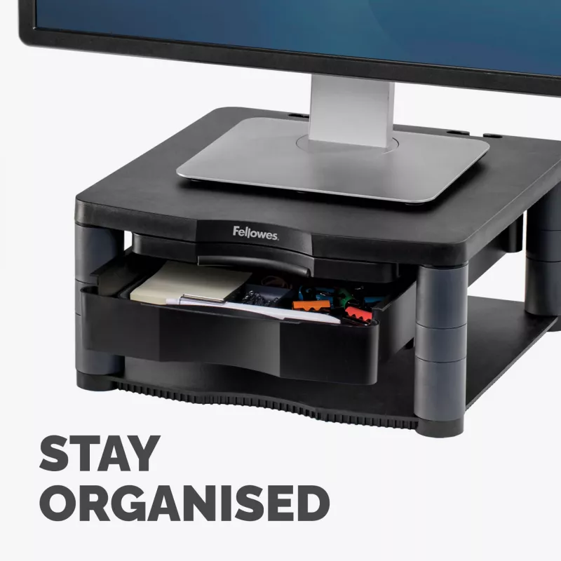 Soporte para monitor de ordenador Fellowes con 3 alturas ajustables – Premium Monitor Riser Plus con gestión de cables – Soporte para monitor ergonómico ajustable para ordenador – Peso máx. 36 kg / Tamaño máx. 21 inch – Grafito