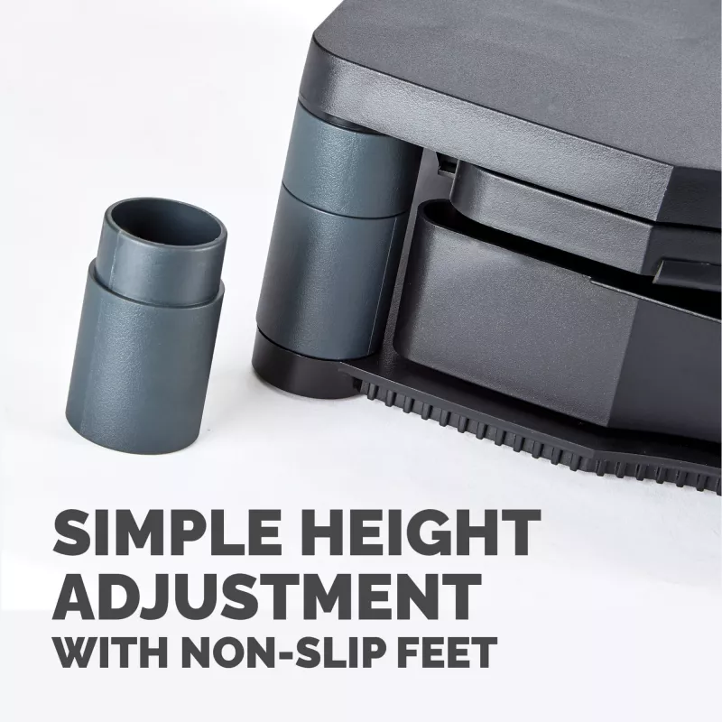 Soporte para monitor de ordenador Fellowes con 3 alturas ajustables – Premium Monitor Riser Plus con gestión de cables – Soporte para monitor ergonómico ajustable para ordenador – Peso máx. 36 kg / Tamaño máx. 21 inch – Grafito