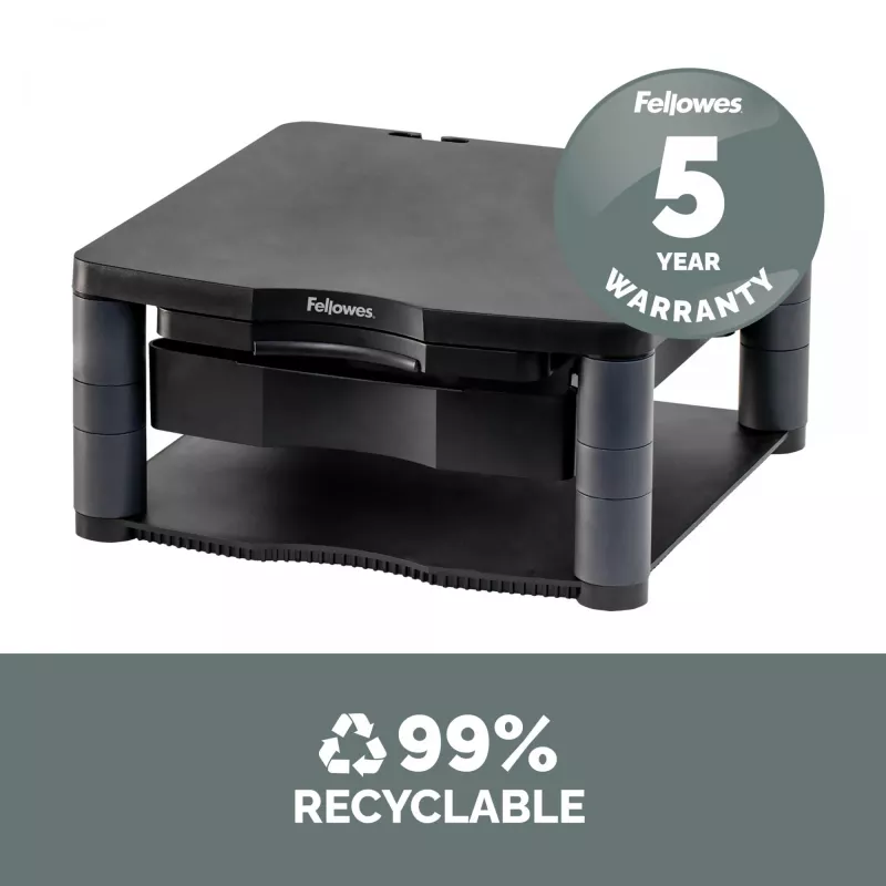 Soporte para monitor de ordenador Fellowes con 3 alturas ajustables – Premium Monitor Riser Plus con gestión de cables – Soporte para monitor ergonómico ajustable para ordenador – Peso máx. 36 kg / Tamaño máx. 21 inch – Grafito