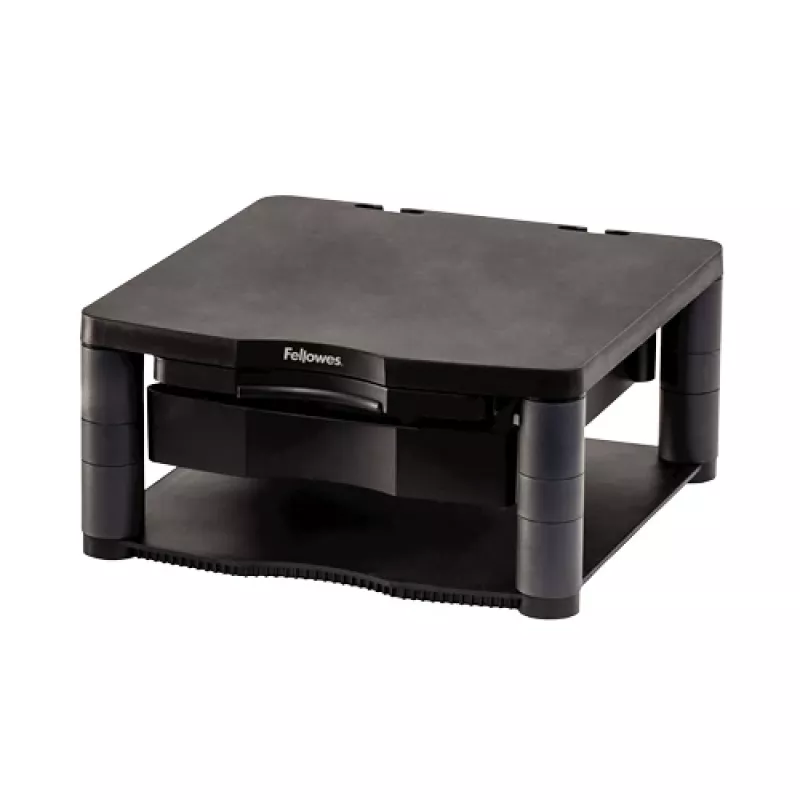 Soporte para monitor de ordenador Fellowes con 3 alturas ajustables – Premium Monitor Riser Plus con gestión de cables – Soporte para monitor ergonómico ajustable para ordenador – Peso máx. 36 kg / Tamaño máx. 21 inch – Grafito