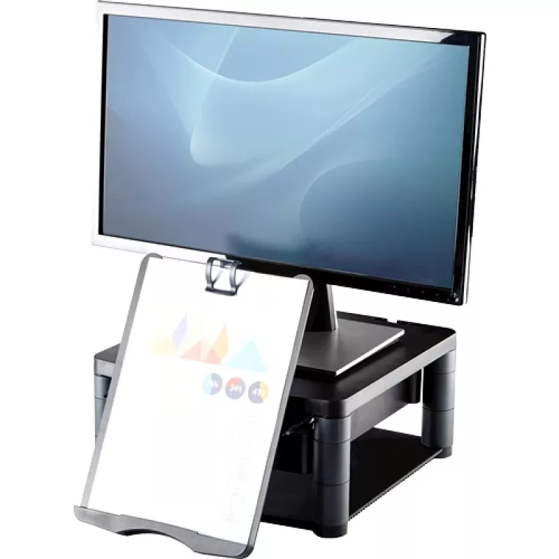 Soporte para monitor de ordenador Fellowes con 3 alturas ajustables – Premium Monitor Riser Plus con gestión de cables – Soporte para monitor ergonómico ajustable para ordenador – Peso máx. 36 kg / Tamaño máx. 21 inch – Grafito