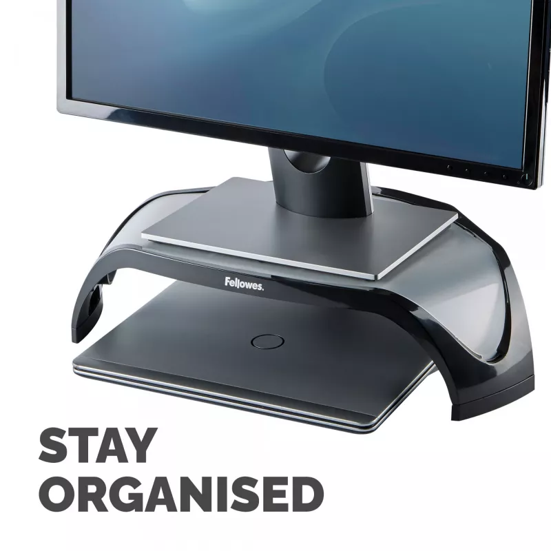 Fellowes soporte para monitor con 3 alturas ajustables - Smart Suites elevador de monitor - Soporte de monitor ergonómico ajustable para ordenador - Peso máx. 10 kg/Tamaño máx. 21 inch - Negro