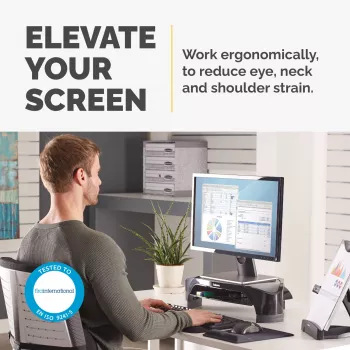 Fellowes soporte para monitor con 3 alturas ajustables – Smart Suites Monitor Riser Plus con almacenamiento – Soporte de monitor ergonómico ajustable para ordenador – Peso máx. 10 kg/Tamaño máx. 21
