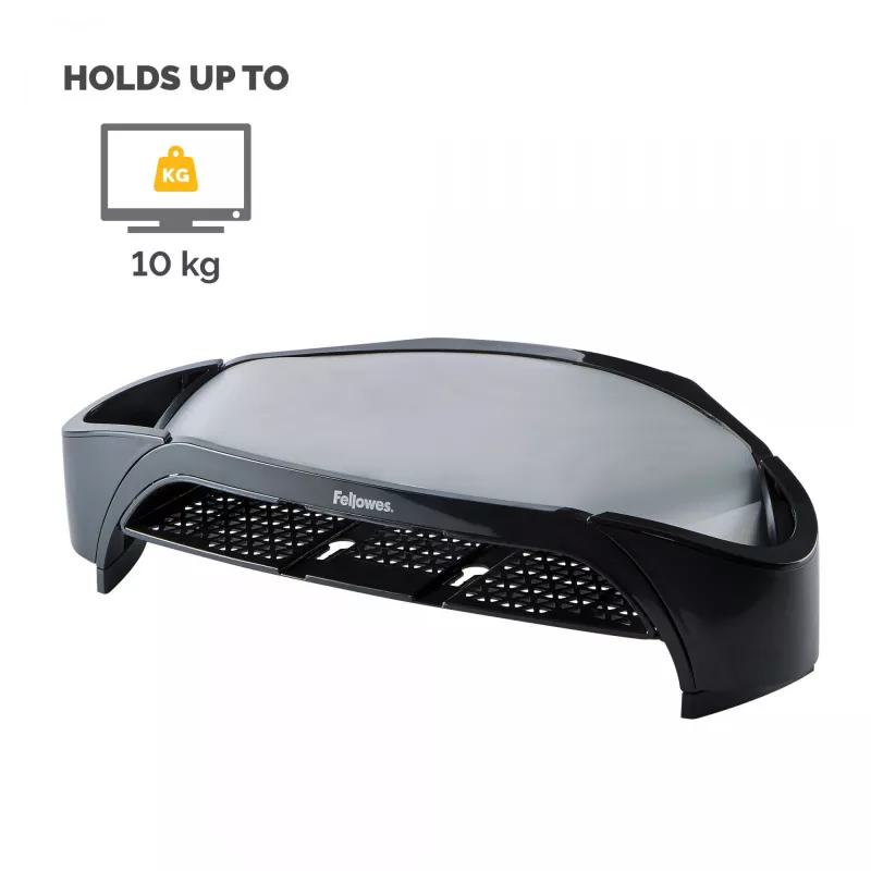 Fellowes soporte para monitor con 3 alturas ajustables – Smart Suites Monitor Riser Plus con almacenamiento – Soporte de monitor ergonómico ajustable para ordenador – Peso máx. 10 kg/Tamaño máx. 21 inch – Negro