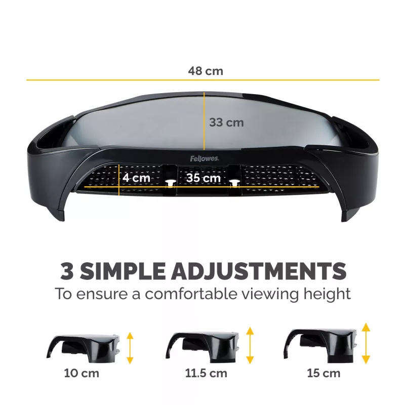Fellowes soporte para monitor con 3 alturas ajustables – Smart Suites Monitor Riser Plus con almacenamiento – Soporte de monitor ergonómico ajustable para ordenador – Peso máx. 10 kg/Tamaño máx. 21 inch – Negro