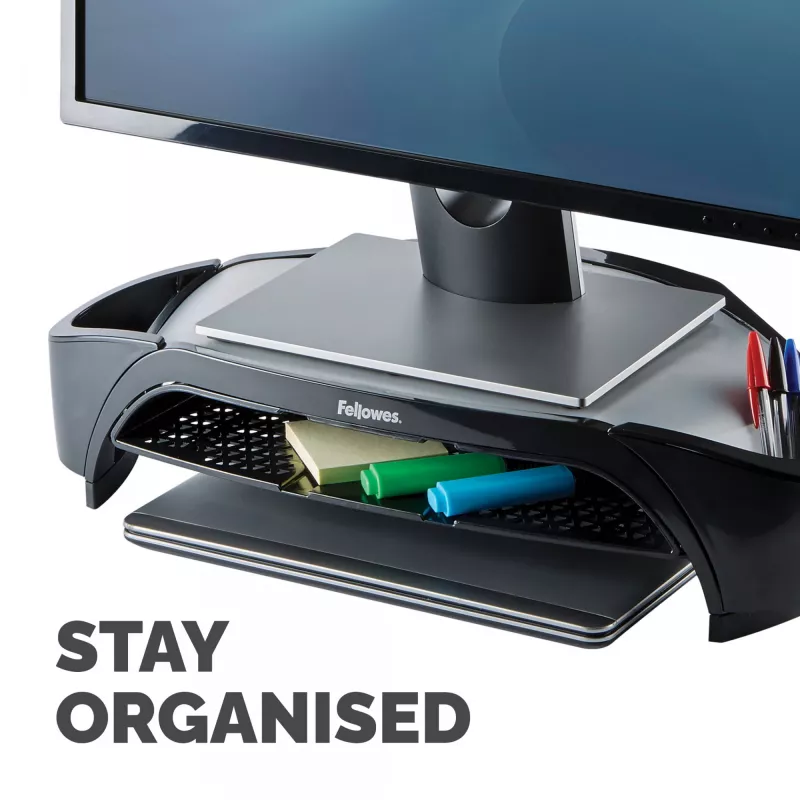 Fellowes soporte para monitor con 3 alturas ajustables – Smart Suites Monitor Riser Plus con almacenamiento – Soporte de monitor ergonómico ajustable para ordenador – Peso máx. 10 kg/Tamaño máx. 21 inch – Negro