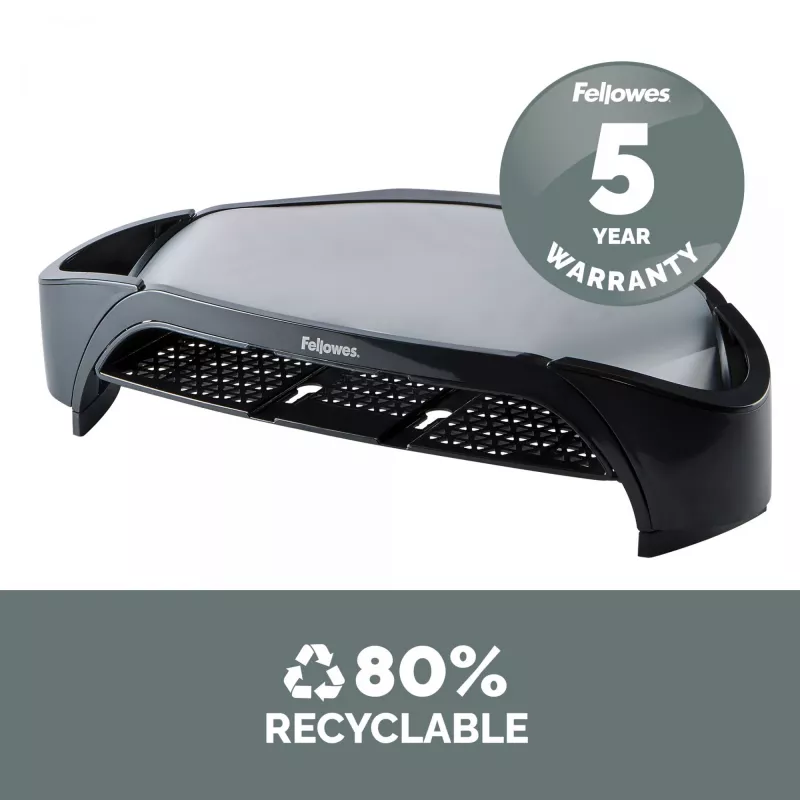 Fellowes soporte para monitor con 3 alturas ajustables – Smart Suites Monitor Riser Plus con almacenamiento – Soporte de monitor ergonómico ajustable para ordenador – Peso máx. 10 kg/Tamaño máx. 21 inch – Negro