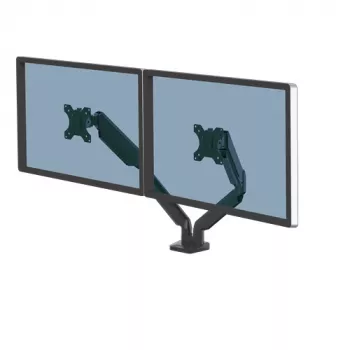 Fellowes Platinum Series brazo doble para monitor – Soporte para dos pantallas de 40 inch de 8 kg – Soporte de mesa ajustable para doble monitor – Inclinación 45°, giro 180°, rotación 360°, VESA 75 x 75/100 x 100 – Negro