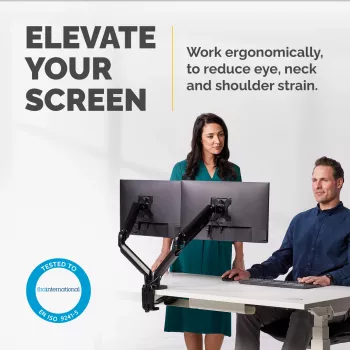 Fellowes Platinum Series brazo doble para monitor – Soporte para dos pantallas de 40 inch de 8 kg – Soporte de mesa ajustable para doble monitor – Inclinación 45°, giro 180°, rotación 360°, VESA 75 x 75/100 x 100 – Negro