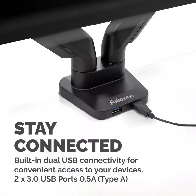 Fellowes Platinum Series brazo doble para monitor – Soporte para dos pantallas de 40 inch de 8 kg – Soporte de mesa ajustable para doble monitor – Inclinación 45°, giro 180°, rotación 360°, VESA 75 x 75/100 x 100 – Negro