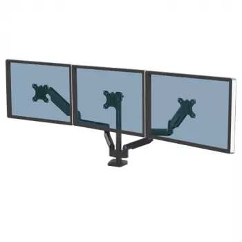 Fellowes Platinum Series brazo triple para monitor – Soporte para tres pantallas de 27 inch de 7 kg – Soporte de mesa ajustable para triple monitor – Inclinación 45°, giro 180°, rotación 360°, VESA 75 x 75/100 x 100 – Negro