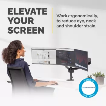 Fellowes Platinum Series brazo triple para monitor – Soporte para tres pantallas de 27 inch de 7 kg – Soporte de mesa ajustable para triple monitor – Inclinación 45°, giro 180°, rotación 360°, VESA 75 x 75/100 x 100 – Negro