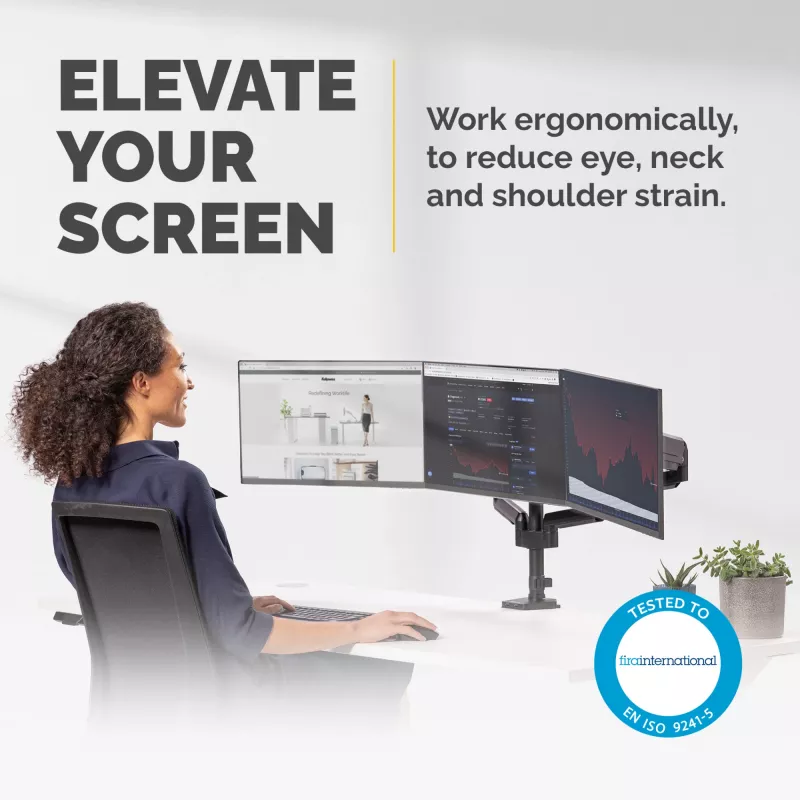 Fellowes Platinum Series brazo triple para monitor – Soporte para tres pantallas de 27 inch de 7 kg – Soporte de mesa ajustable para triple monitor – Inclinación 45°, giro 180°, rotación 360°, VESA 75 x 75/100 x 100 – Negro