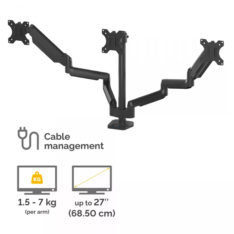 Fellowes Platinum Series brazo triple para monitor – Soporte para tres pantallas de 27 inch de 7 kg – Soporte de mesa ajustable para triple monitor – Inclinación 45°, giro 180°, rotación 360°, VESA 75 x 75/100 x 100 – Negro