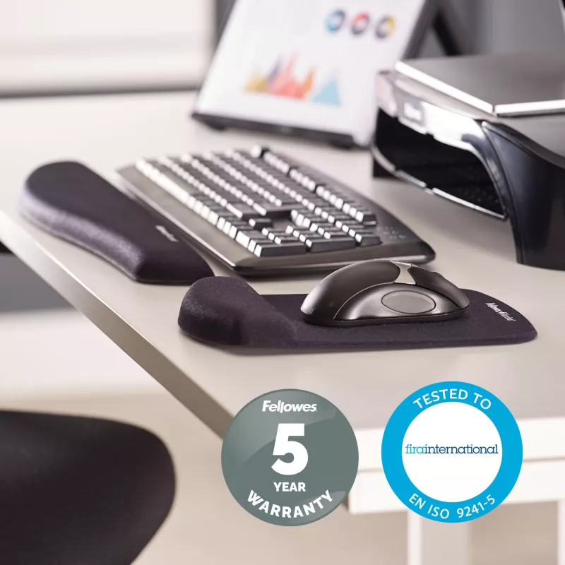 Fellowes alfombrilla de ratón con reposamuñecas – PlushTouch alfombrilla de ratón con base de goma antideslizante y protección antibacteriana – Alfombrilla de ratón ergonómica para ordenador, portátil, teletrabajo – Negro