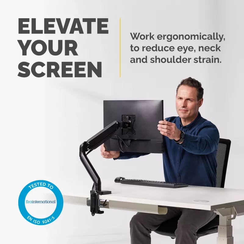 Fellowes Platinum Series brazo para monitor – Soporte para pantallas de 40 inch de 8 kg – Soporte de mesa ajustable para monitor – Inclinación 45° giro 180° rotación 360° rotación 360°, VESA 75 x 75/100 x 100 – Negro