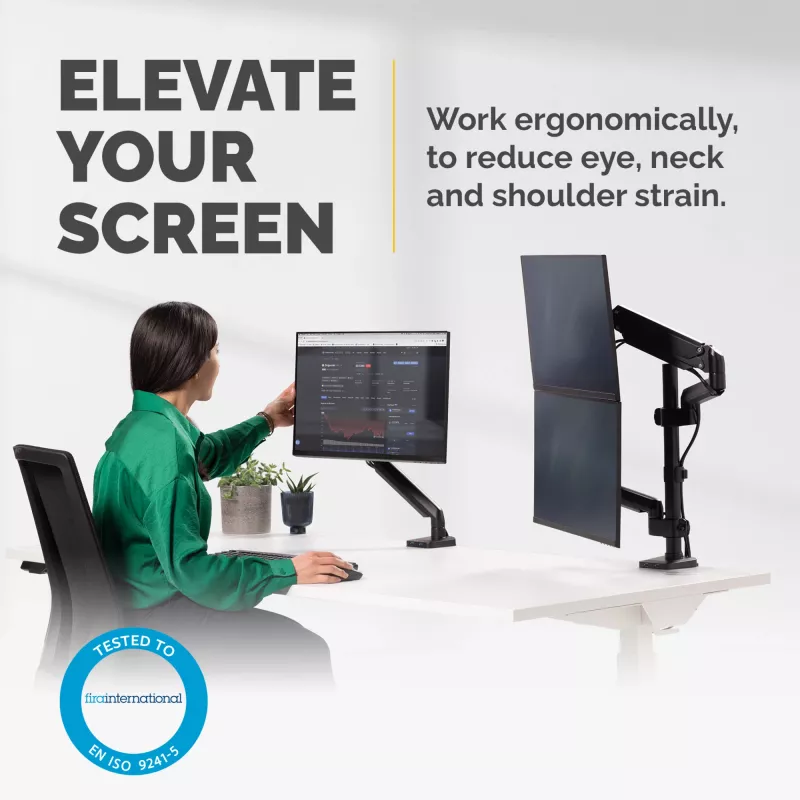 Fellowes Platinum Series brazo doble apilable para monitor – Soporte para dos pantallas de 27 inch de 8 kg – Soporte de mesa ajustable para doble monitor – Inclinación 45° giro 180° rotación 360° rotación 360°, VESA 75 x 75/100 x 100 – Negro
