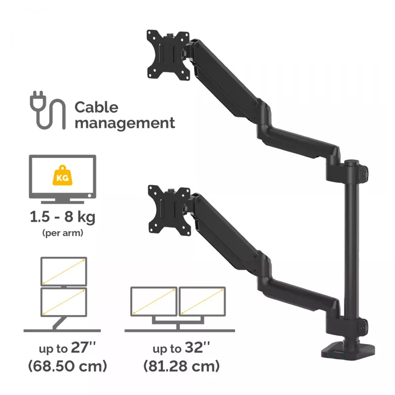 Fellowes Platinum Series brazo doble apilable para monitor – Soporte para dos pantallas de 27 inch de 8 kg – Soporte de mesa ajustable para doble monitor – Inclinación 45° giro 180° rotación 360° rotación 360°, VESA 75 x 75/100 x 100 – Negro