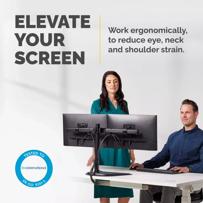 Fellowes Seasa brazo doble para monitor - Soporte de monitor de pie para pantallas de 27 inch de 8 kg – Brazo de monitor ergonómico ajustable – Inclinación ±45°, giro 120°, rotación 360° – VESA 75 x 75/100 x 100 – Negro
