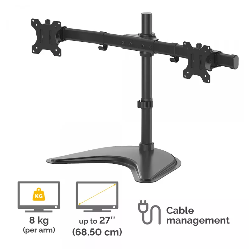 Fellowes Seasa brazo doble para monitor - Soporte de monitor de pie para pantallas de 27 inch de 8 kg – Brazo de monitor ergonómico ajustable – Inclinación ±45°, giro 120°, rotación 360° – VESA 75 x 75/100 x 100 – Negro