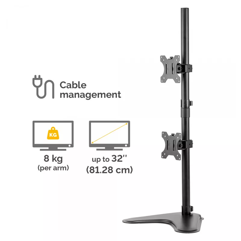 Fellowes Seasa Brazo de monitor de doble apilamiento - Soporte de monitor de pie para pantallas de 8 kg y 32 pulgadas - Brazo de monitor ajustable ergonómico - Inclinación 45° Giro 120° Rotación 360°, VESA 75 x 75/100 x 100 - Negro