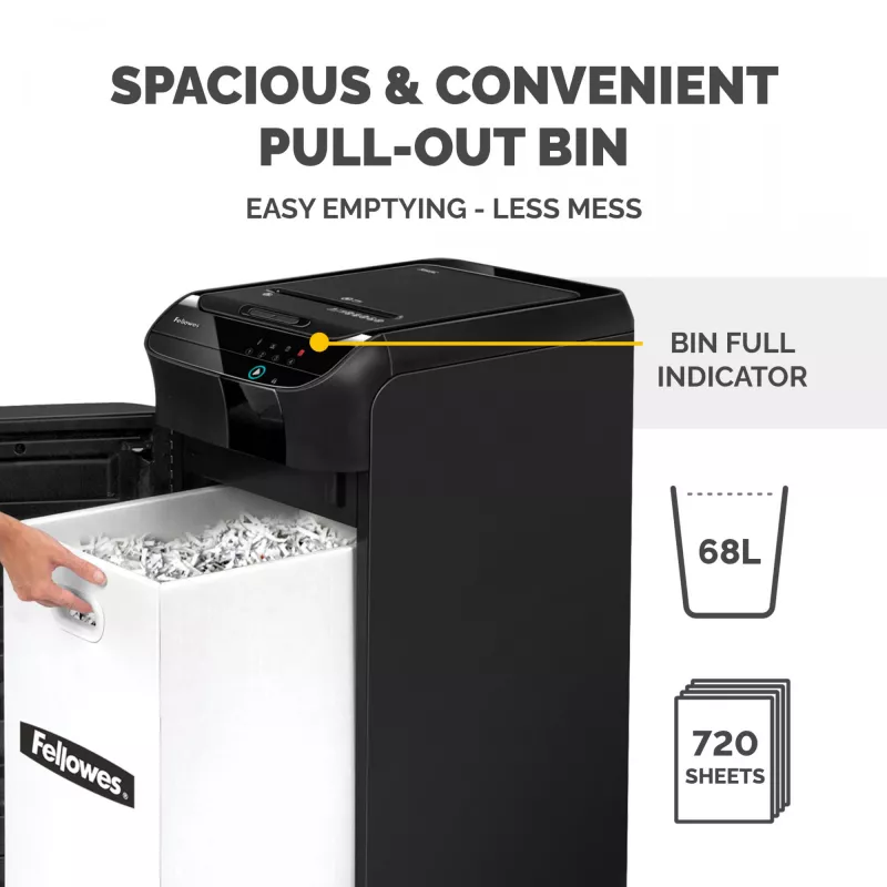 Fellowes Destructora de papel 350 hojas alimentación automática corte en partículas Destructora AutoMax 350C con depósito de 68 litros alta seguridad P4