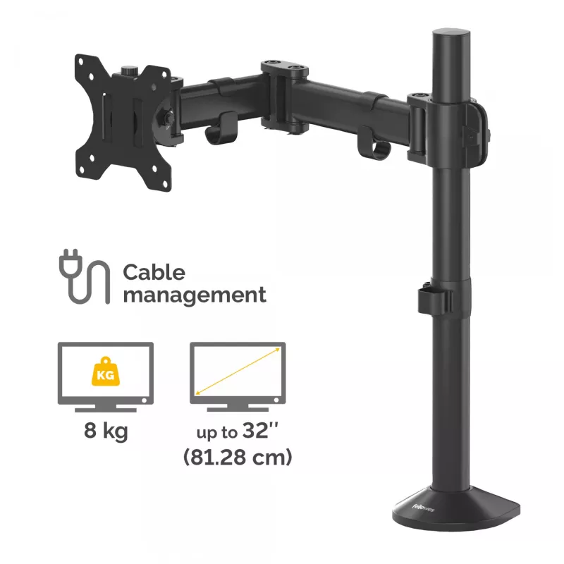 Fellowes Soporte de monitor Reflex - Soporte de monitor para pantallas de 8 kg y 32 pulgadas - Soporte de monitor de escritorio ajustable - Inclinación 45° Giro 180° Rotación 360°, VESA 75 x 75/100 x 100 - Negro