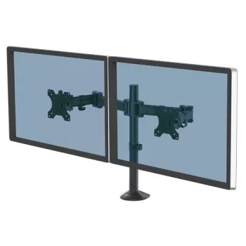 Fellowes Brazo doble para monitor Reflex – Soporte doble para monitores de 8 kg y 27 pulgadas – Soporte de monitor de escritorio ajustable – Inclinación 45° Giro 180° Rotación 360°, VESA 75 x 75/100 x 100 – Negro