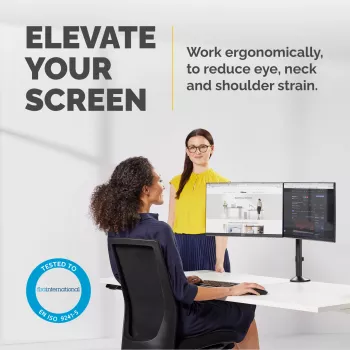 Fellowes Brazo doble para monitor Reflex – Soporte doble para monitores de 8 kg y 27 pulgadas – Soporte de monitor de escritorio ajustable – Inclinación 45° Giro 180° Rotación 360°, VESA 75 x 75/100 x 100 – Negro
