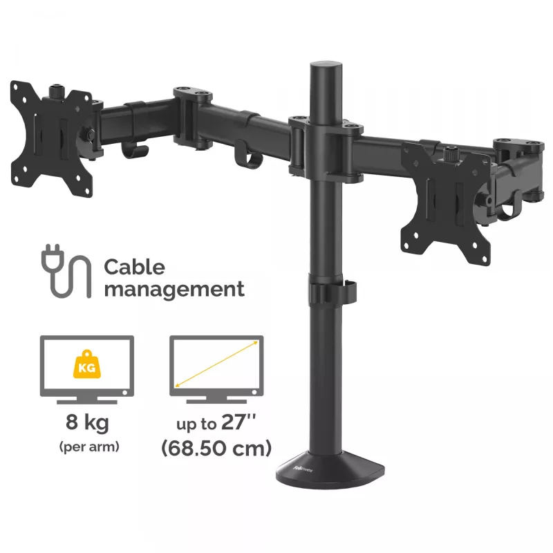 Fellowes Brazo doble para monitor Reflex – Soporte doble para monitores de 8 kg y 27 pulgadas – Soporte de monitor de escritorio ajustable – Inclinación 45° Giro 180° Rotación 360°, VESA 75 x 75/100 x 100 – Negro