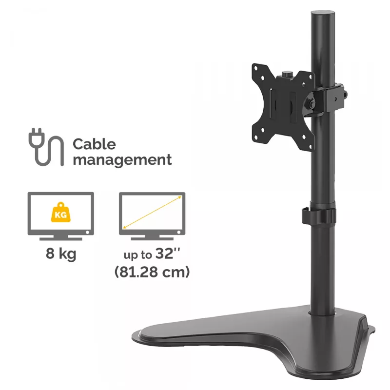 Fellowes Seasa Brazo de monitor individual - Soporte de monitor de pie para pantallas de 8 kg y 32 pulgadas - Brazo de monitor ajustable ergonómico - Inclinación 45° Giro 120° Rotación 360°, VESA 75 x 75/100 x 100 - Negro