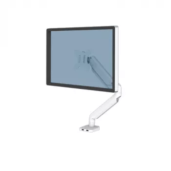 Fellowes Platinum Series Brazo de monitor – Soporte de monitor para pantallas de 8 kg y 40 pulgadas – Soporte de monitor de escritorio ajustable – Inclinación 45°, Giro 180°, Rotación 360°, VESA 75 x 75/100 x 100 – Blanco