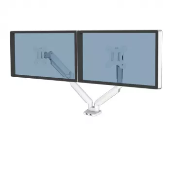 Fellowes Platinum Series Brazo doble para monitor – Soporte para dos monitores de 8 kg y 40 pulgadas – Soporte doble de monitor de escritorio ajustable – Inclinación 45°, Giro 180°, Rotación 360°, VESA 75 x 75/100 x 100 – Blanco