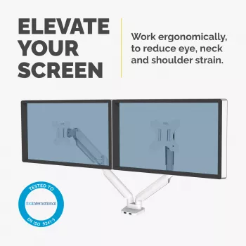 Fellowes Platinum Series Brazo doble para monitor – Soporte para dos monitores de 8 kg y 40 pulgadas – Soporte doble de monitor de escritorio ajustable – Inclinación 45°, Giro 180°, Rotación 360°, VESA 75 x 75/100 x 100 – Blanco