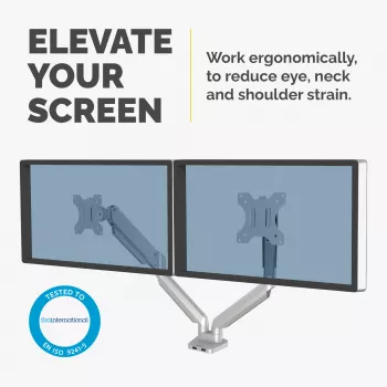 Fellowes Platinum Series Brazo doble para monitor - Soporte para dos monitores de 8 kg y 40 pulgadas - Soporte doble de monitor de escritorio ajustable - Inclinación 45° Giro 180ᵒ Rotación 360ᵒ, VESA 75 x 75/100 x 100 - Plata