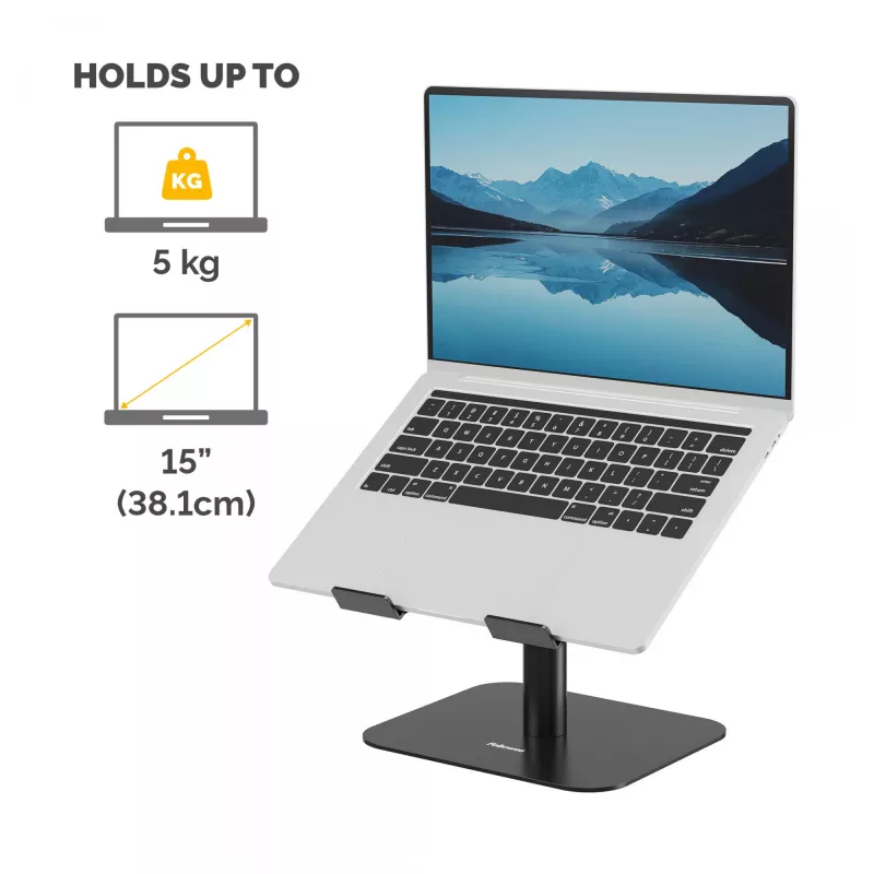 Fellowes Alumia Laptop-Riser – Soporte para portátil de escritorio, tamaño máx. 15 pulgadas, peso máx. 5 kg, Negro