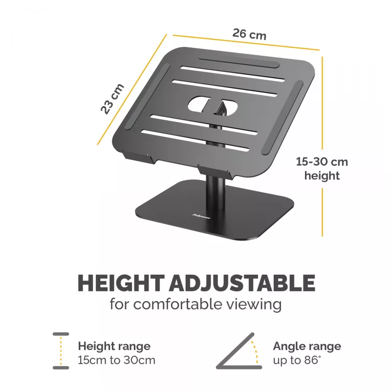 Fellowes Alumia Laptop-Riser – Soporte para portátil de escritorio, tamaño máx. 15 pulgadas, peso máx. 5 kg, Negro