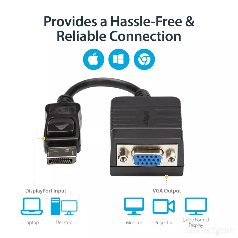 StarTech.com adaptador DisplayPort a VGA – convertidor activo DP a VGA – vídeo 1080p – duradero – adaptador de cable DP/DP++ a monitor VGA – DP 1.2 a VGA – conector DP con enclavamiento