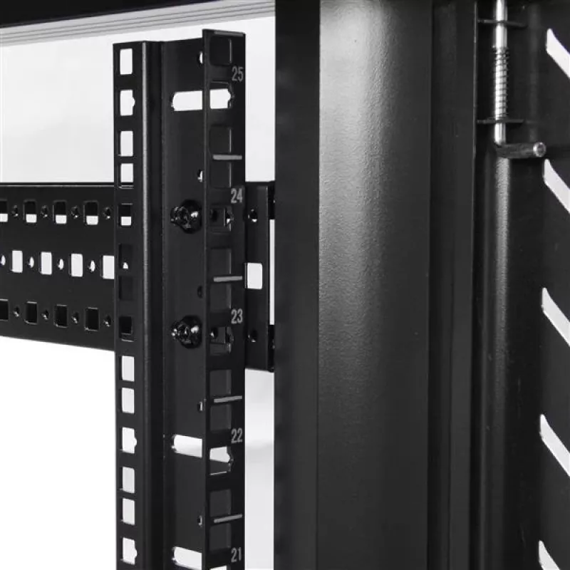 StarTech.com armario rack de servidor 25U de 4 postes, armario rack de datos de 19 pulgadas con cerradura para equipos informáticos/AV/IT, rack de red de oficina/hogar con ruedas y guías de montaje ajustables